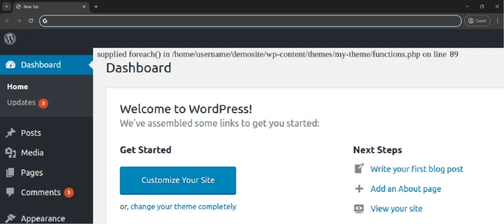 WordPress dashboard